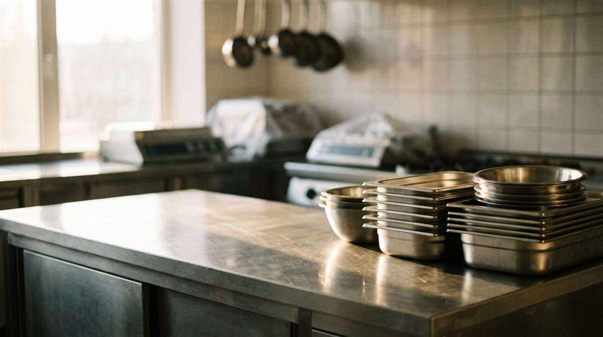 Clean steel pans and bowls stacked neatly on a gleaming stainless prep counter, morning light coming through a kitchen window