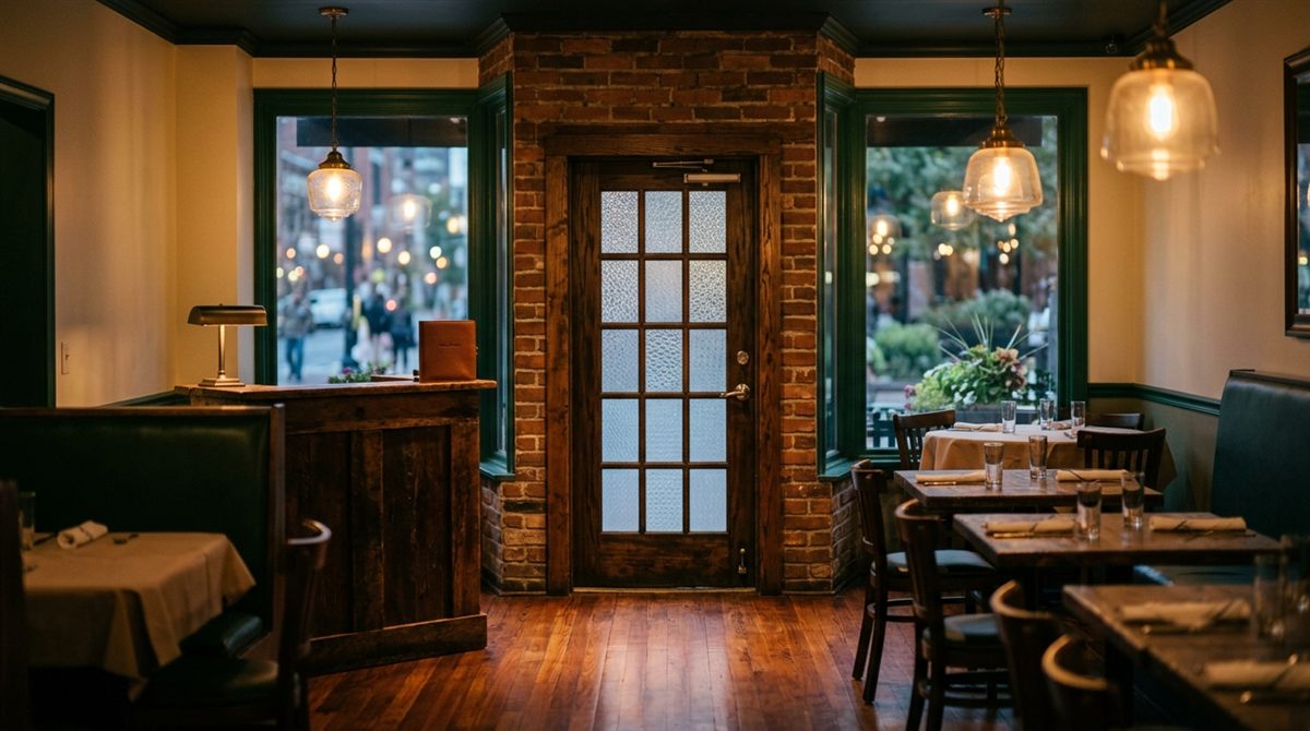 Restaurant front door seen from inside the dining room, warm light across the entry where customers look for the grade card