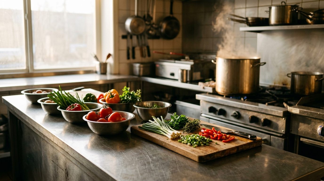 Morning prep line in a commercial kitchen: fresh vegetables in steel bowls beside a cutting board, with steam rising from a stockpot on the range