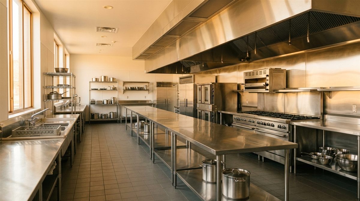 A brand-new empty commercial kitchen with pristine stainless steel equipment and long prep tables in soft warm daylight