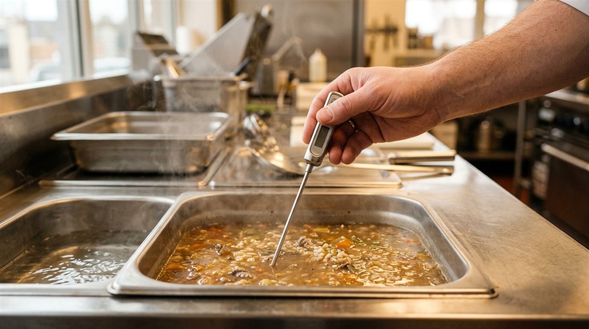 A hand lowers a digital probe thermometer into a steel pan of soup on a steam table, steam rising in warm light